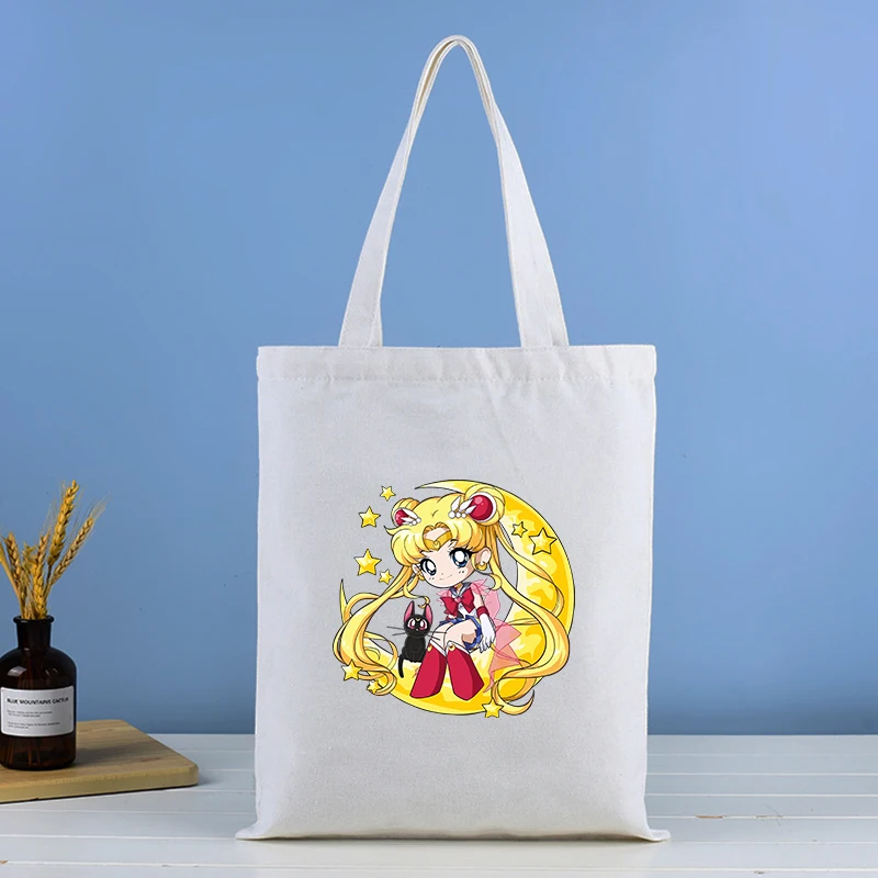 البحارة القمر حقيبة يد من القماش Tsukino Usagi المرأة المتسوق حقيبة قابلة لإعادة الاستخدام سعة كبيرة الفتيات حقائب كتف الجمالية هدايا عيد الميلاد