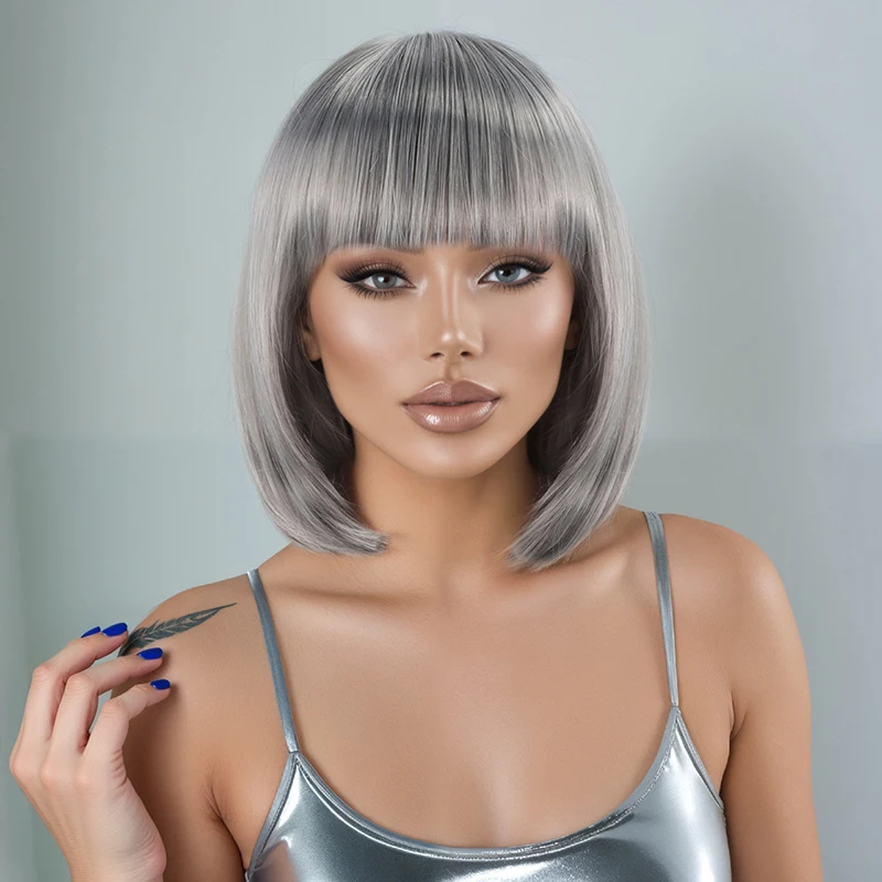New wig for women, short straight hair, gray white gradient color headband, short hair cover Synthetic fiber wig