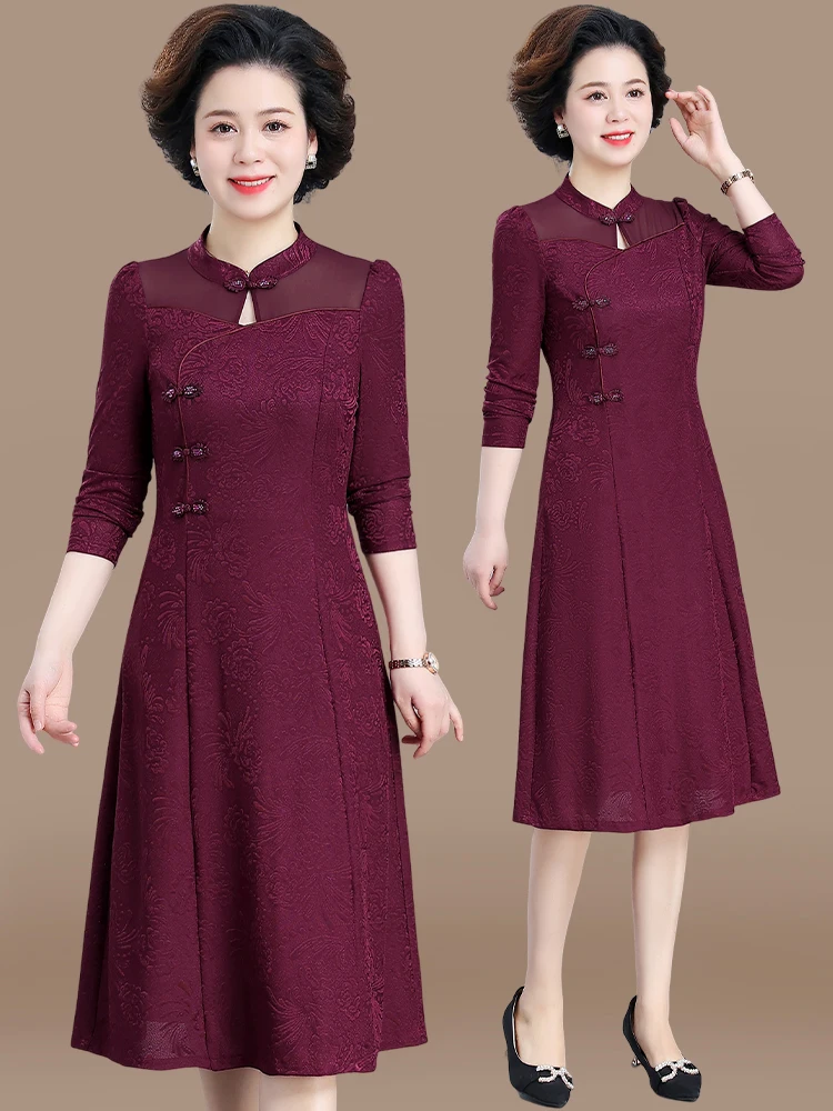 

Ele Mid-Length Dr for Mom Spring New Sle Wedding Banquet Ceremony Chinese Sle Mid-Aged And ly Women...