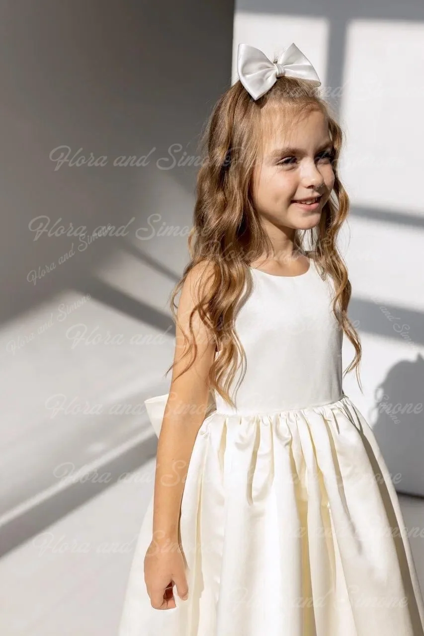 Vestido de cetim branco para meninas, vestido até o chão, linha a, com costas abertas e laço para cerimônias de casamento, festas formais de recepção