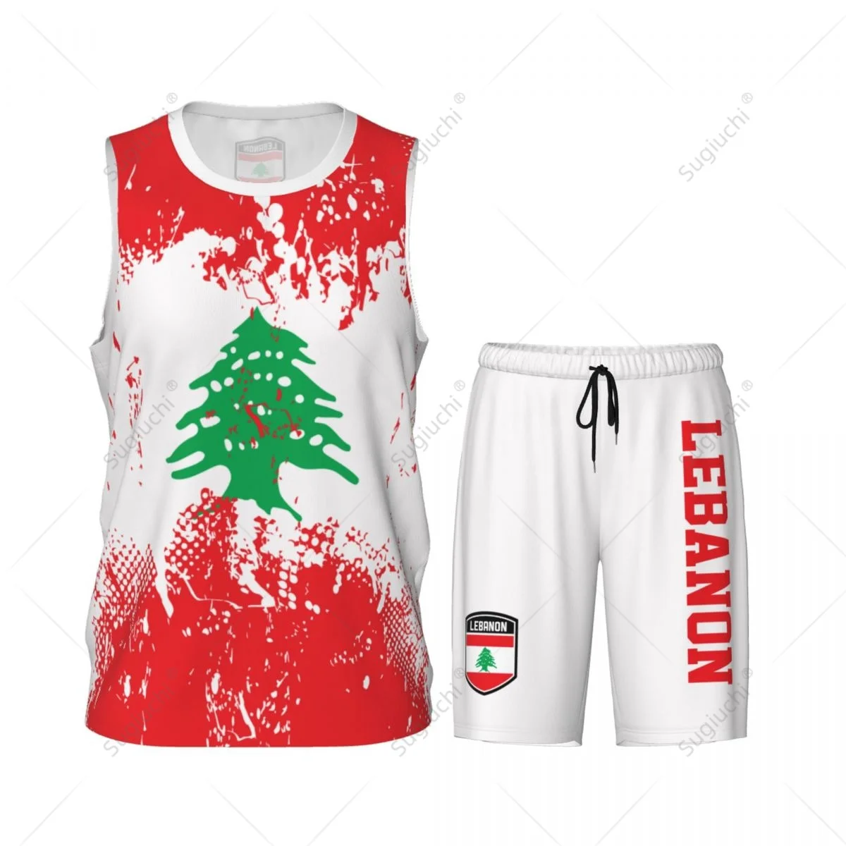 Lebanon Flag Grain Men Basketball Set Shirt & Pants Sleeveless