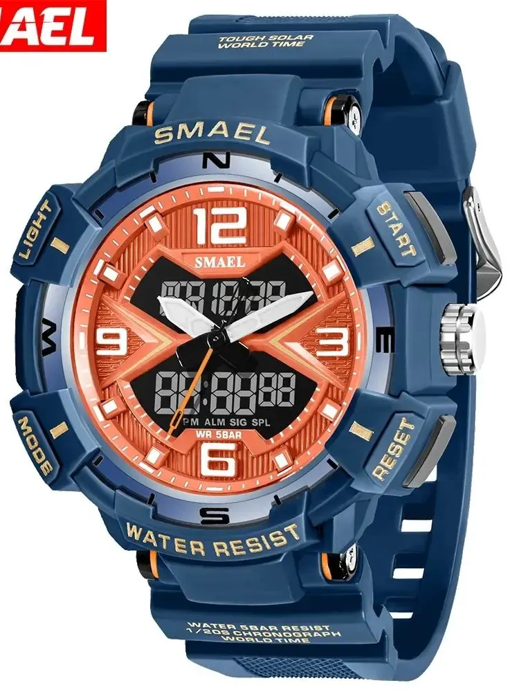 SMAEL 8076 Shock Mens Watch Auto Date Waterproof 5 Bar Sport LED Light Alarm Clock Dual Time Display