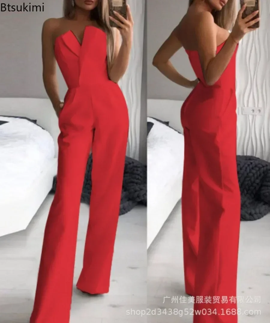 2024 Women\'s Elegant Jumpsuits Solid Off Shoulder Sexy Club Jumpsuit Female Sleeveless High Waist Slim Wide Leg Jumpsuit Pants