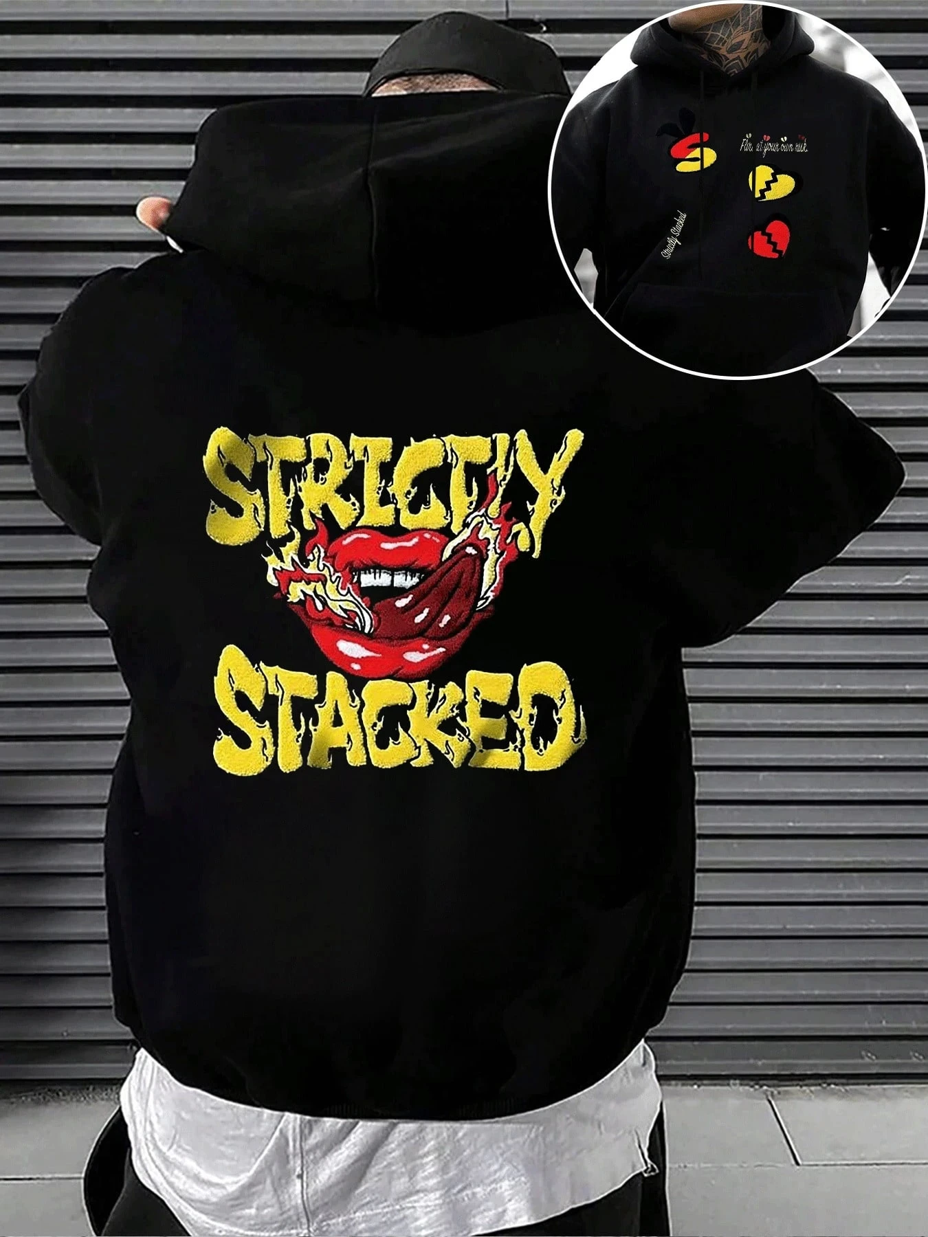 

Мужская черная толстовка с капюшоном Fiery Tongue & Strictly Stacked Графический дизайн Повседневная уличная одежда Стиль