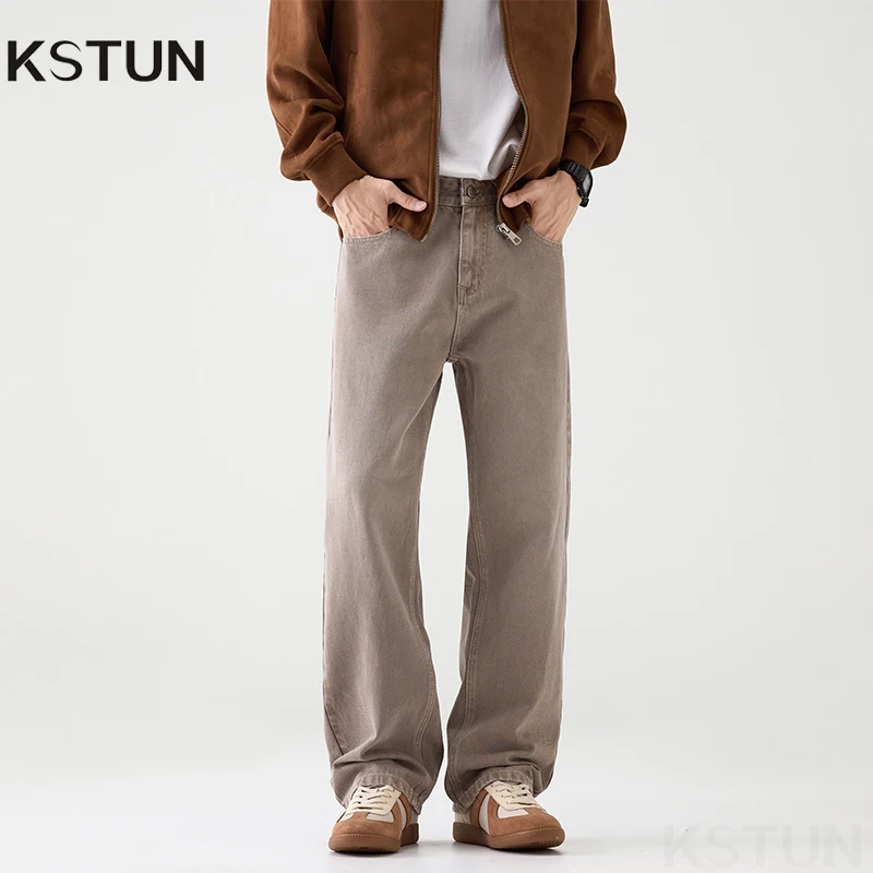 

KSTUN Men's Loose Straight Jeans Khaki 2025 Autumn 100% Cotton Male Denim Pants Americian Vintage Khaki Denim Pants Streetwear