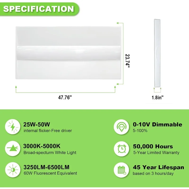 2x4 LED recessed center basket panel, color adjustable 3000K/3500K/4000K/5000K, wattage adjustable 25W/30W/35W/40W/50W