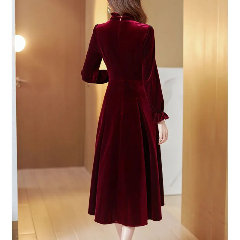 Wine Red Golden Velvet Dress Women Spring Autumn Long Sleeved Long Dresses Female Temperament Evening Party Dress Mujer Vestidos