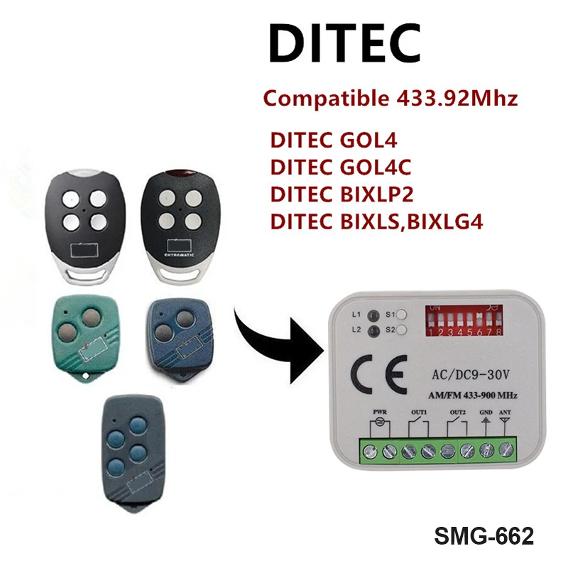 

DITEC Receiver GOL4C BIXLS2 BIXLP2 GOL4 BIXLG4 Remote Control Relay Switch Gate Door Opener 2 Channel 9-30v AC DC Controller