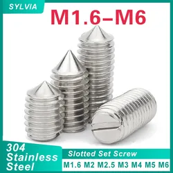 10pcs/lot M1.6 M2 M2.5 M3 M4 M5 M6 304 Stainless Steel (A2-70) Slotted Head Cone Point Grub Set Screw Tapered End Headless Bolt