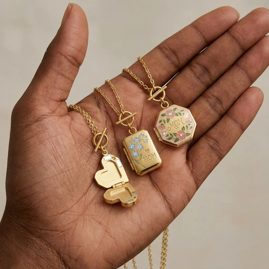 Nuevo Collar con Medallón MOM Chapado en Oro, Collar con Esmalte Floral Grabado, Mini Portafotos, Colgante, Regalo de Joyería para el Día de la Madre