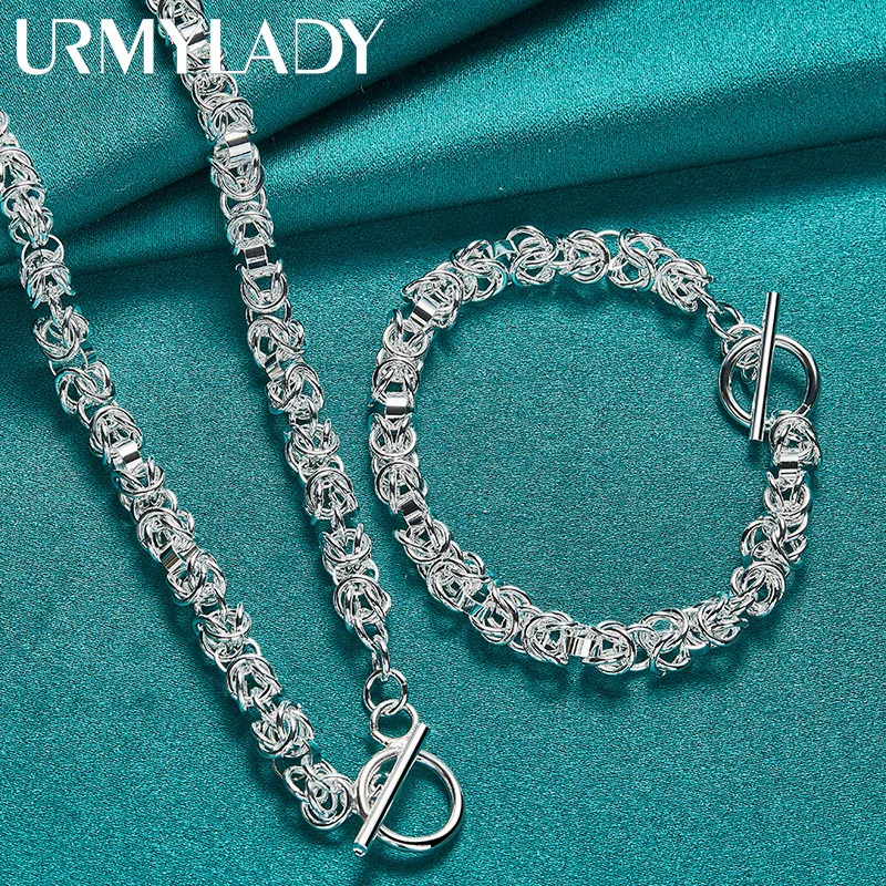 

URMYLADY 925 Sterling Silver Men Exquisite Chain Bracelet Necklace Jewelry Set For Women Wedding Party Fashion Charm Gift