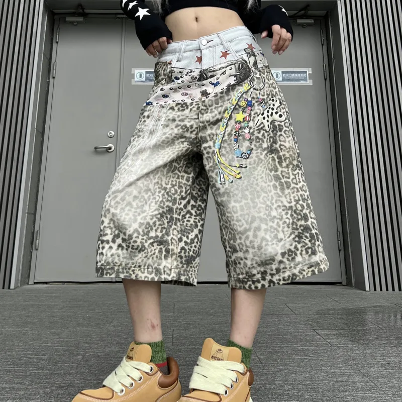 ANJY Spring Summer New Women Streetwear 3D Digital Print Leopard Loose Wide-Leg Denim Shorts Trend Chic Calf-Length Pants A22475