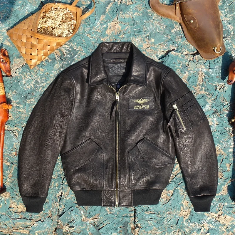 

Matte Wild Goat Leather Flight Jaet Loose European Sle Long Sve Busin Casual Leather Coat for Young Men