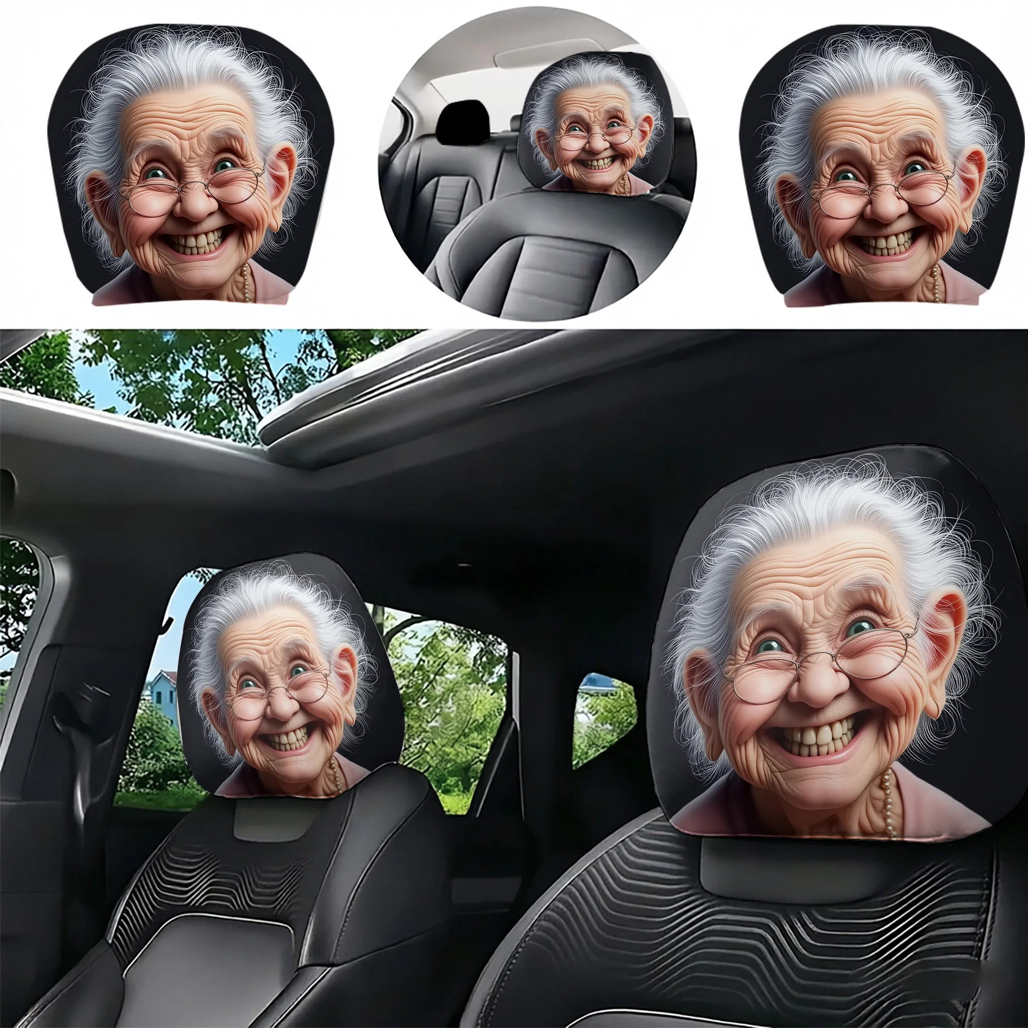 2pcs Funny Granny-themed car headrest covers to add a touch of humor to your car’s interior. Filling not included. Easy to insta