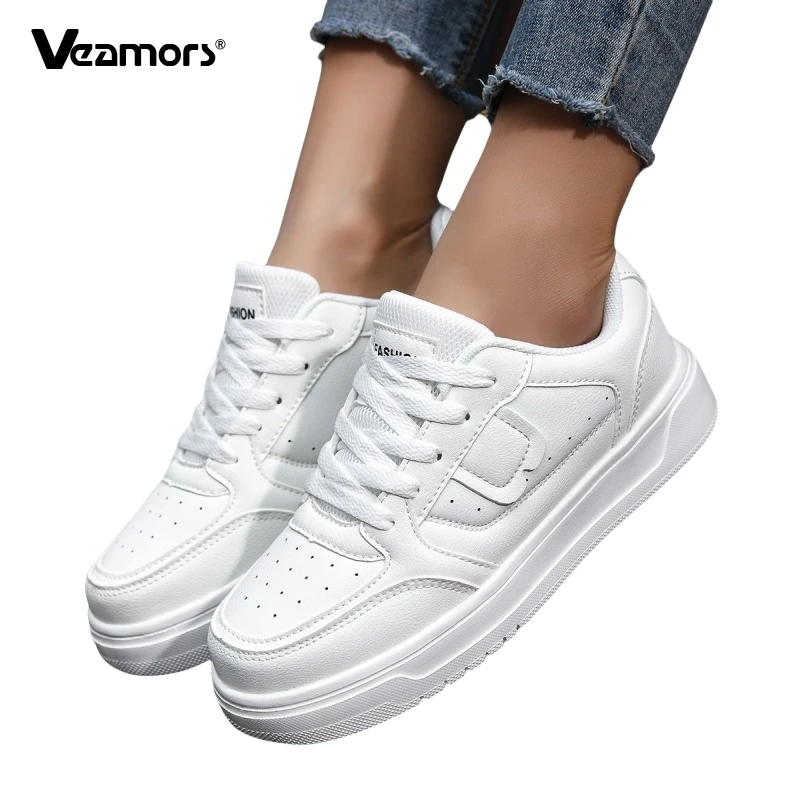 White PU Leather Causal Sports Shoes for Men Fashion Lace-up Board Shoes Women Non-slip Running Jogging Trainers Low Top