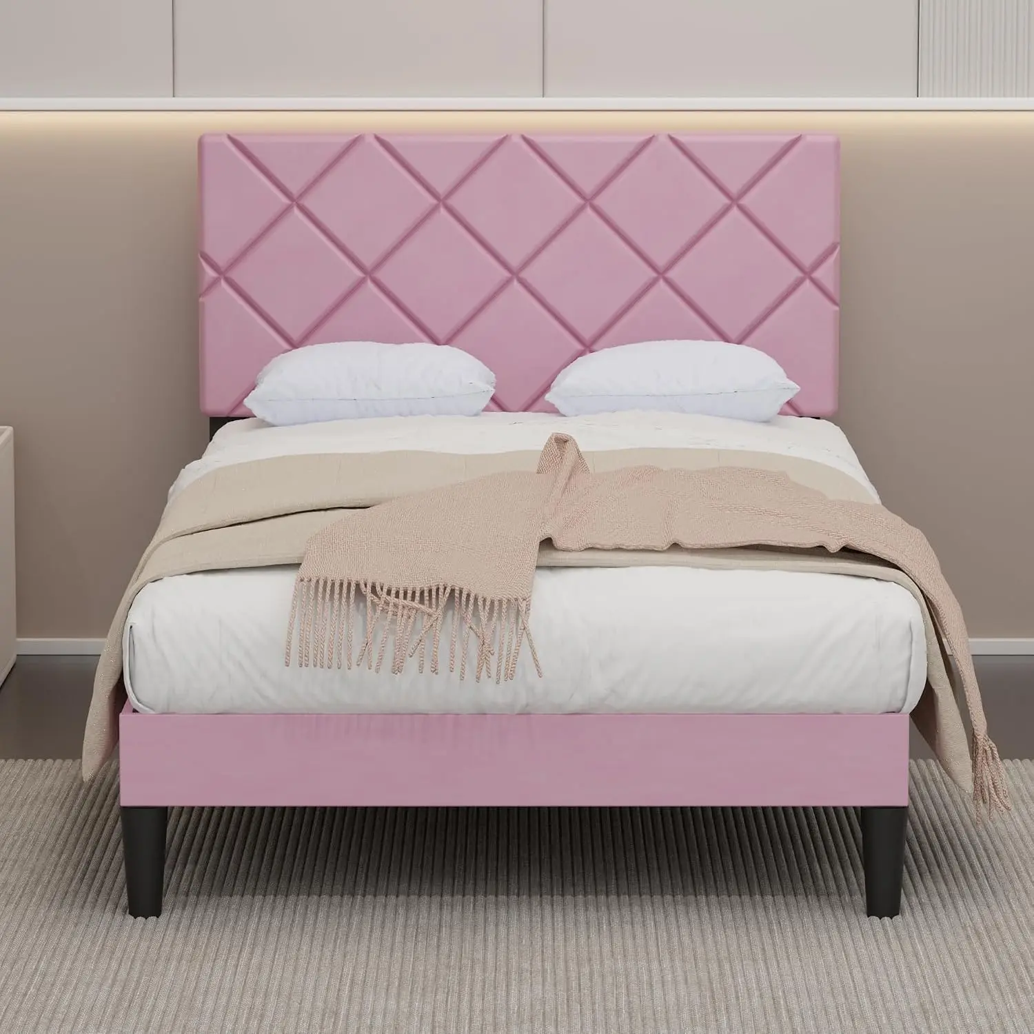 Twin Bed Frames with Adjustable Headboard,Diamond Velvet Upholstered Platform Bed,Single Bed with Strong Metal Slat