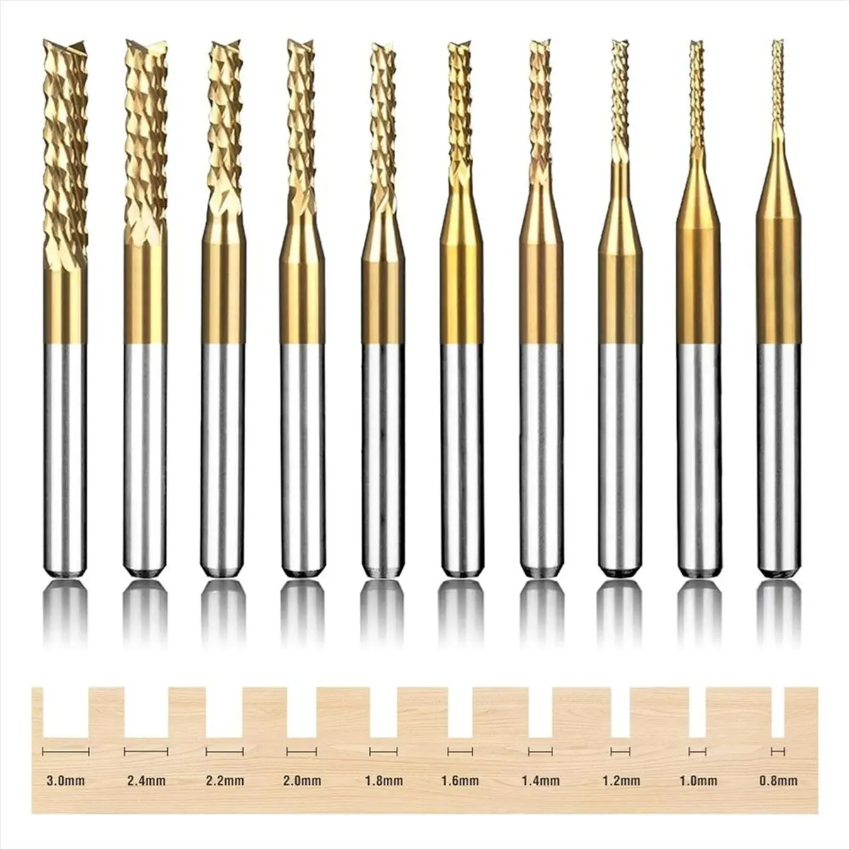 Premium 10 Pieces Titanium Coated Engraving Milling Cutter Carbide Bits, 0.8-3mm, 1/8inch Shank End Mill Sets for Rotary Tools