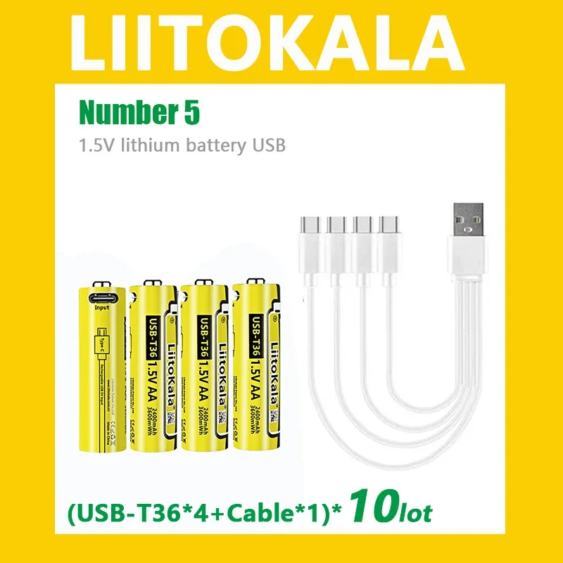 40pcs LiitoKala USB-T36 AA 1.5V 3600mWh rechargeable battery aa supports direct charging of C-line Pilas rechargeable battery