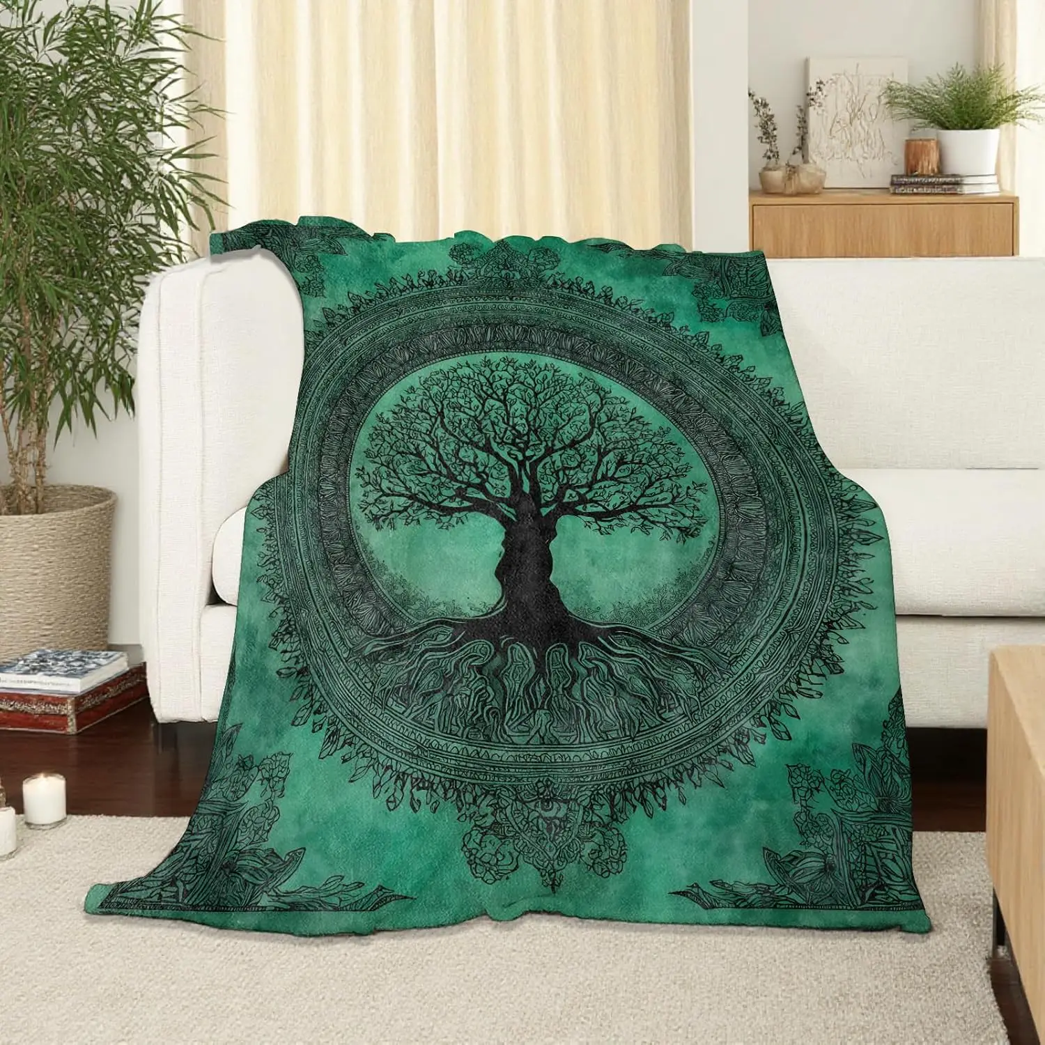 Tree of life blanket mandala design green spiritual art soft throw boho decor bedroom textile yoga accessory