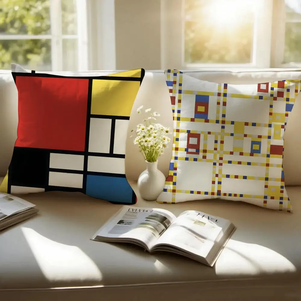 Classic bright simple P-Piet Cornelies Mondrian Cushion Cover Pillowcase Anti-dustmite Invisible Zipper Short Plush Sofa Cushion