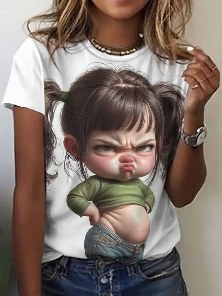 Cartoon Girl Pattern 3D Print T-Shirts Summer Women Casual Short Sleeve Round Neck T Shirt Harajuku Y2K Tees Top Female Clothing