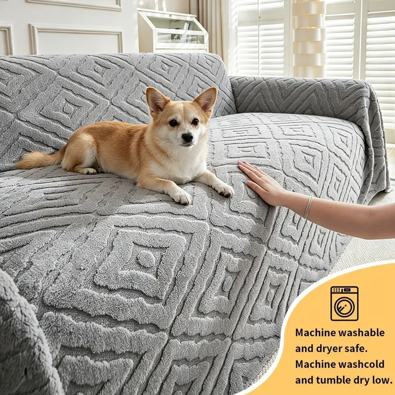 1PC-Shu Mianrong geometric sofa throw cover, pet friendly sofa towel, plush fabric with simple jacquard pattern