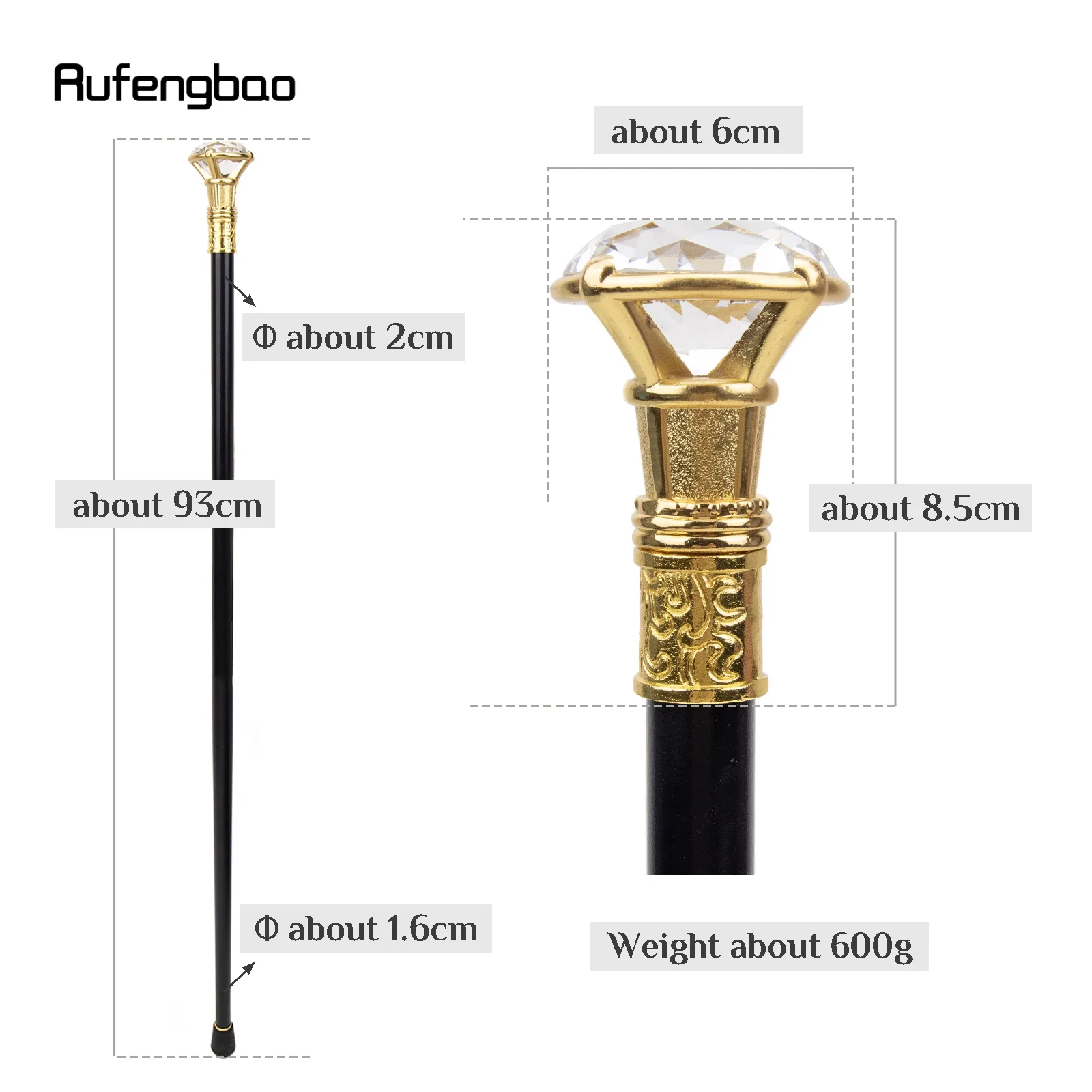 Golden Diamond Type Single Joint Walking Stick Decorative Cospaly Party Fashionable Walking Cane Halloween Crosier 93cm