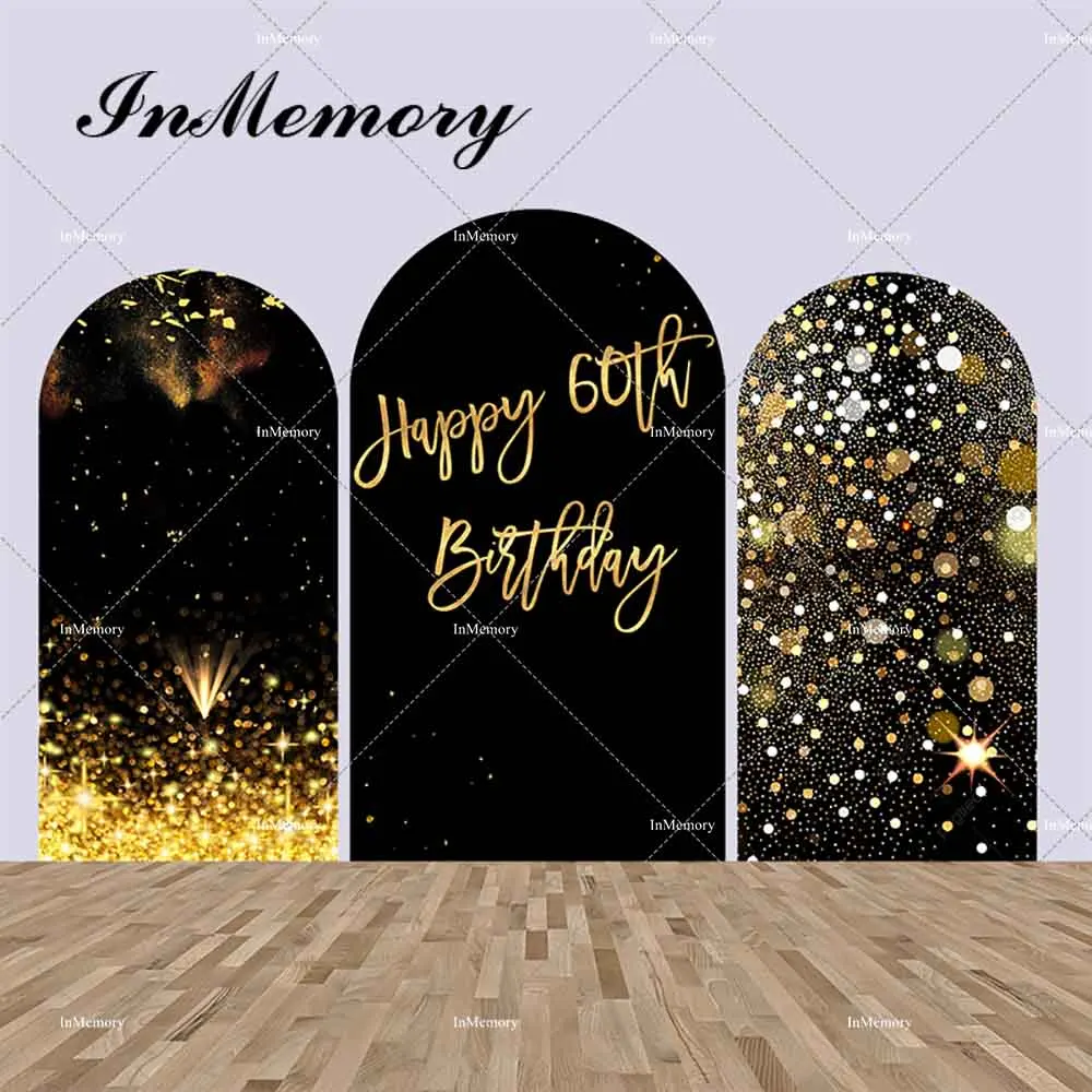 

Gold Glitter Black theme Arch Backdrop Happy Birthday Arched Wall Chiara Covers Background for Adult Photocall