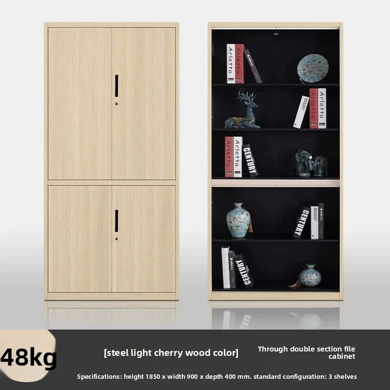 Steel wood grain office filing cabinet, sliding door iron sheet with lock information cabinet household bookcase