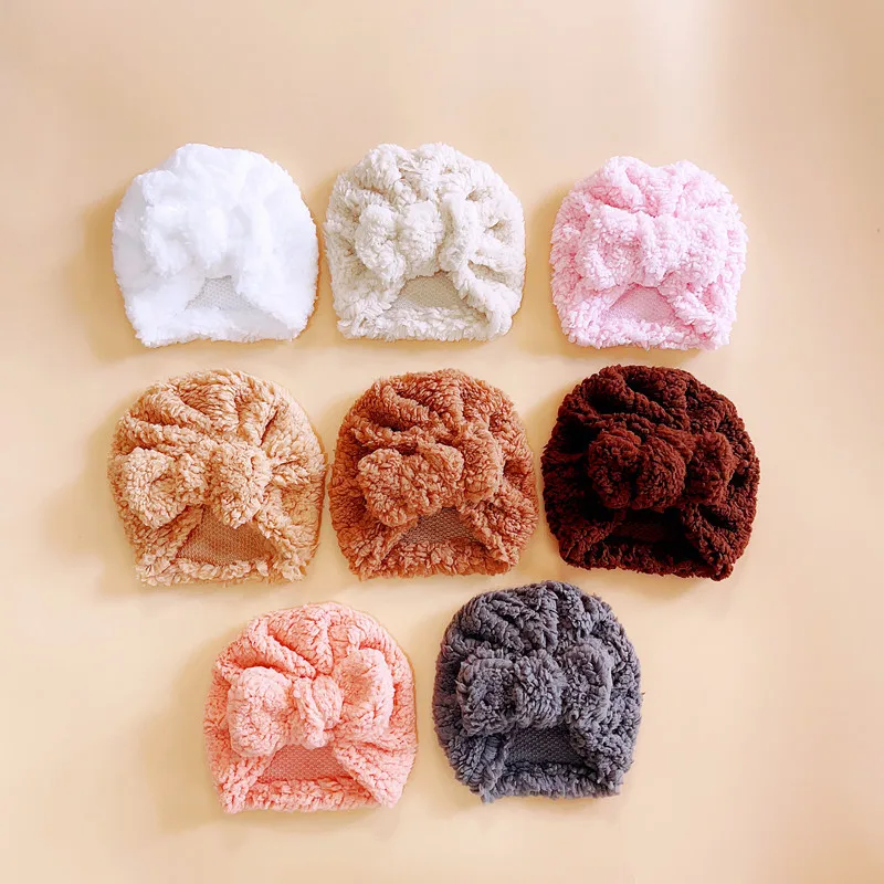 1pc/lot Girls Autumn Winter Coral Fleece Bow Turban Newborn Head Wraps Solid Color Cashmere Bonnet Caps Baby Teddy Turbans Kids