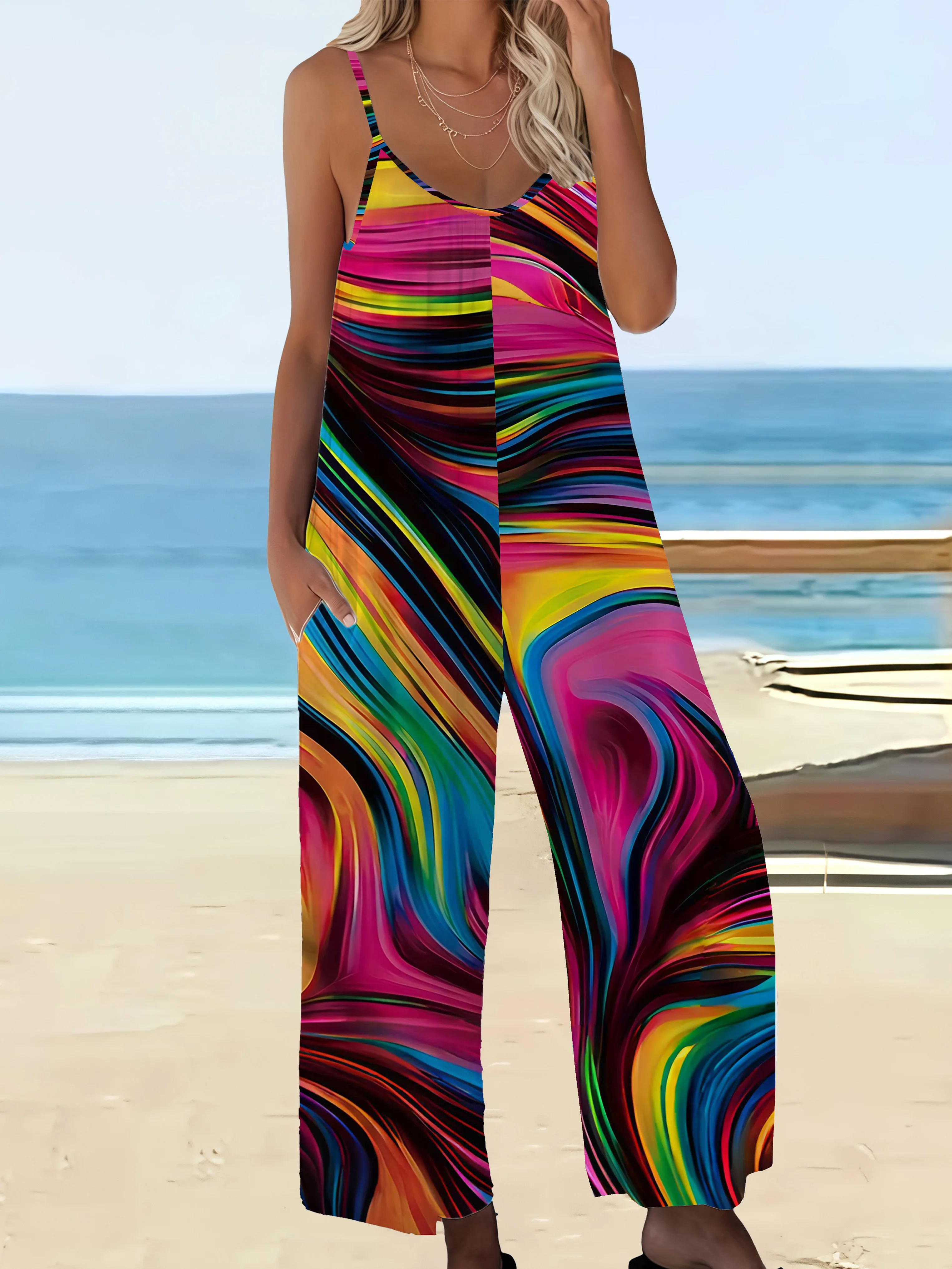 Boho Print Elegant Loose Fit Plus Size Jumpsuit with Pockets - Stylish Women's Romper image 2