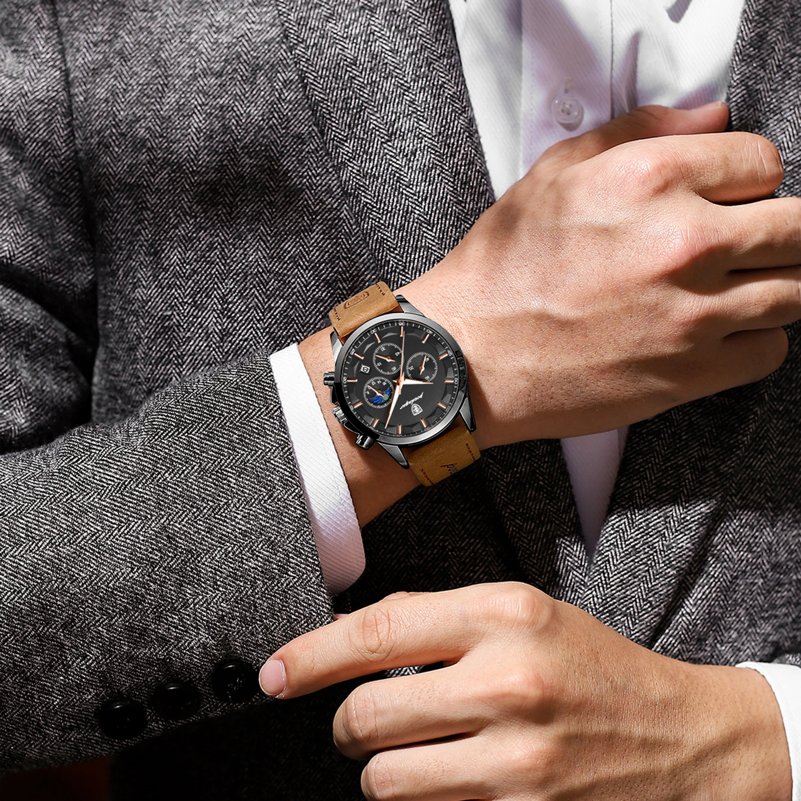 POEDAGAR Sports Luxury Men Quartz Watch Waterproof Chronograph Luminous Date Man Wristwatch Business Leather Men's Watches Clock image 6