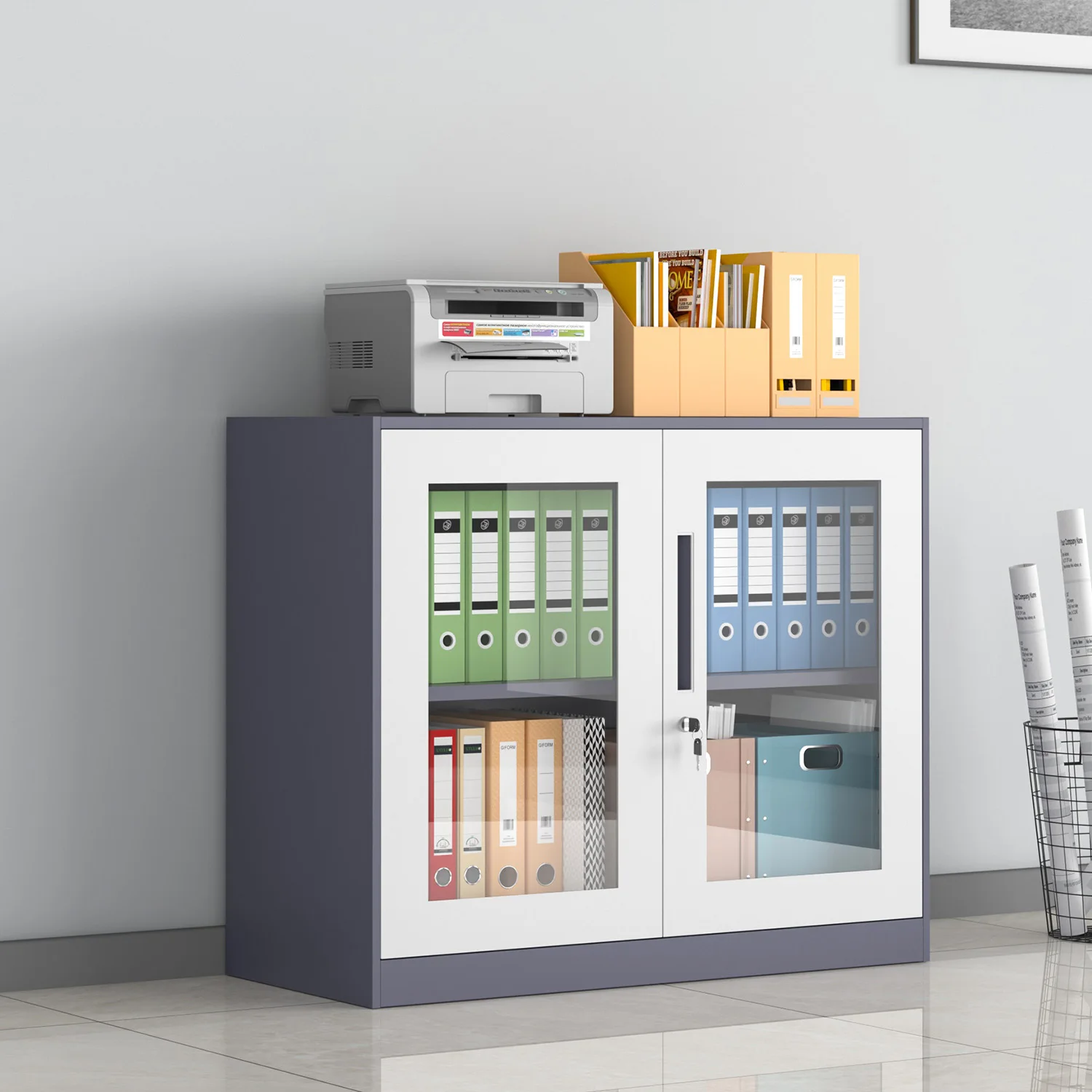 Sturdy Lockable Metal Filing Cabinet Adjustable Steel Low File Cabinet Metal Cabinet With Two Glass Doors Home Office Furniture