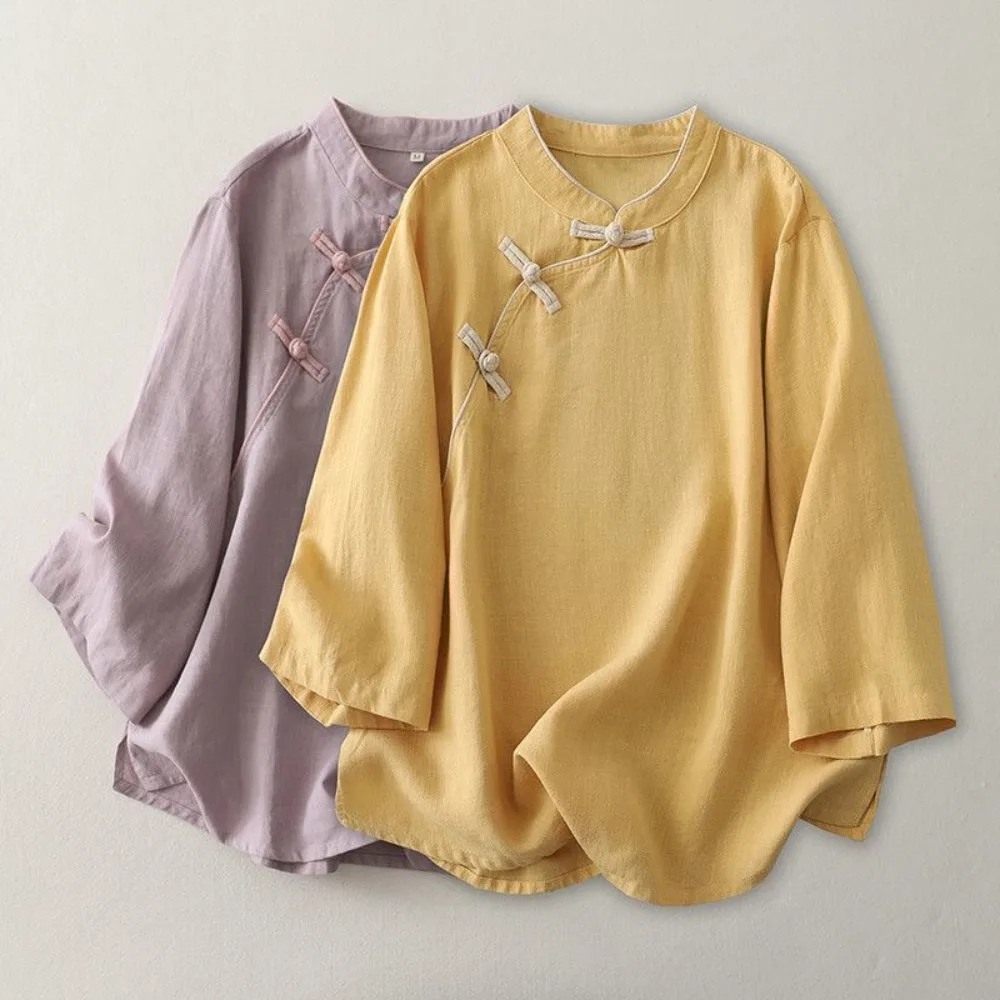 Women Zen Style Linen Cotton Blouse Summer New Chinese Tang Suit, Frog Buttons Mandarin Collar Improved Tea Clothing Casual Top