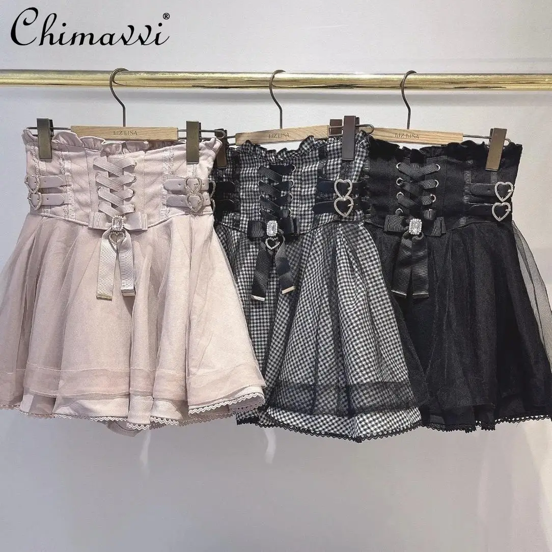 

Liz Japanese Mine Style Lace-up High-waisted Ribbon Leather Buckle Waist Skirt Sweet Girl Cute Versatile Short Lolita Skirts