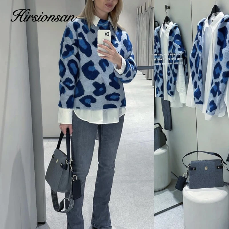 Hirsionsan Winter Women Sweater Leopard Print Basic Knitted Turtleneck Oversize Pullovers Jumper Vintage Warm Clothes for Lady