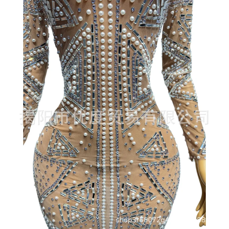2026 Shining Pearl Rhinestone Glam Perspective Mesh High-end Cocktail Party Night Performance Long Dress Special-shaped Triangle