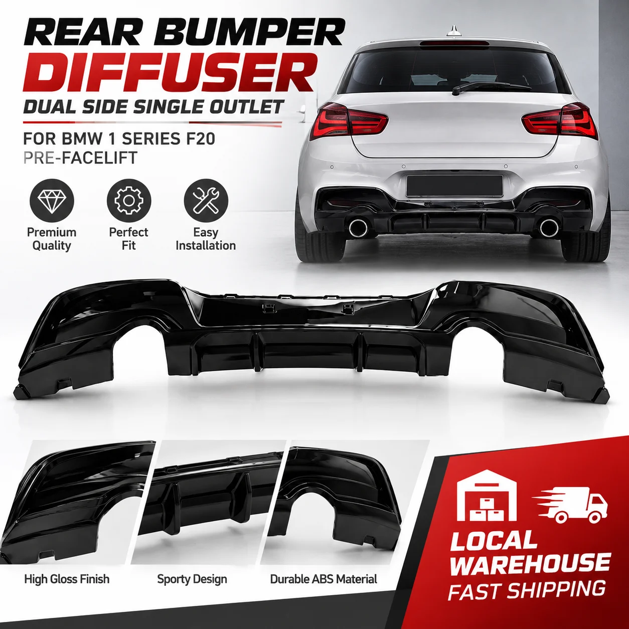 Heckstoßstange, Doppelauslass-Einzelauslass-Auspuffanlage, für BMW 1er F20 Vor-Facelift. MP-Style Heckdiffusor, Sportliche Modifikation
