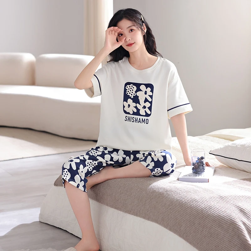 2024 Summer 100% Cotton Cute Short Sleeve Knee Length Pajama Sets for Women Korean Loose Sleepwear Pyjama Homewear Home Clothes