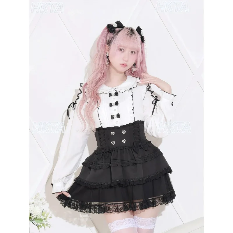 

2026 Summer New Chic Pearl Collar Lace-up White Blouse Preppy Style Sweet Harajuku Mine Mass-produced Long-sleeve Shirt Women