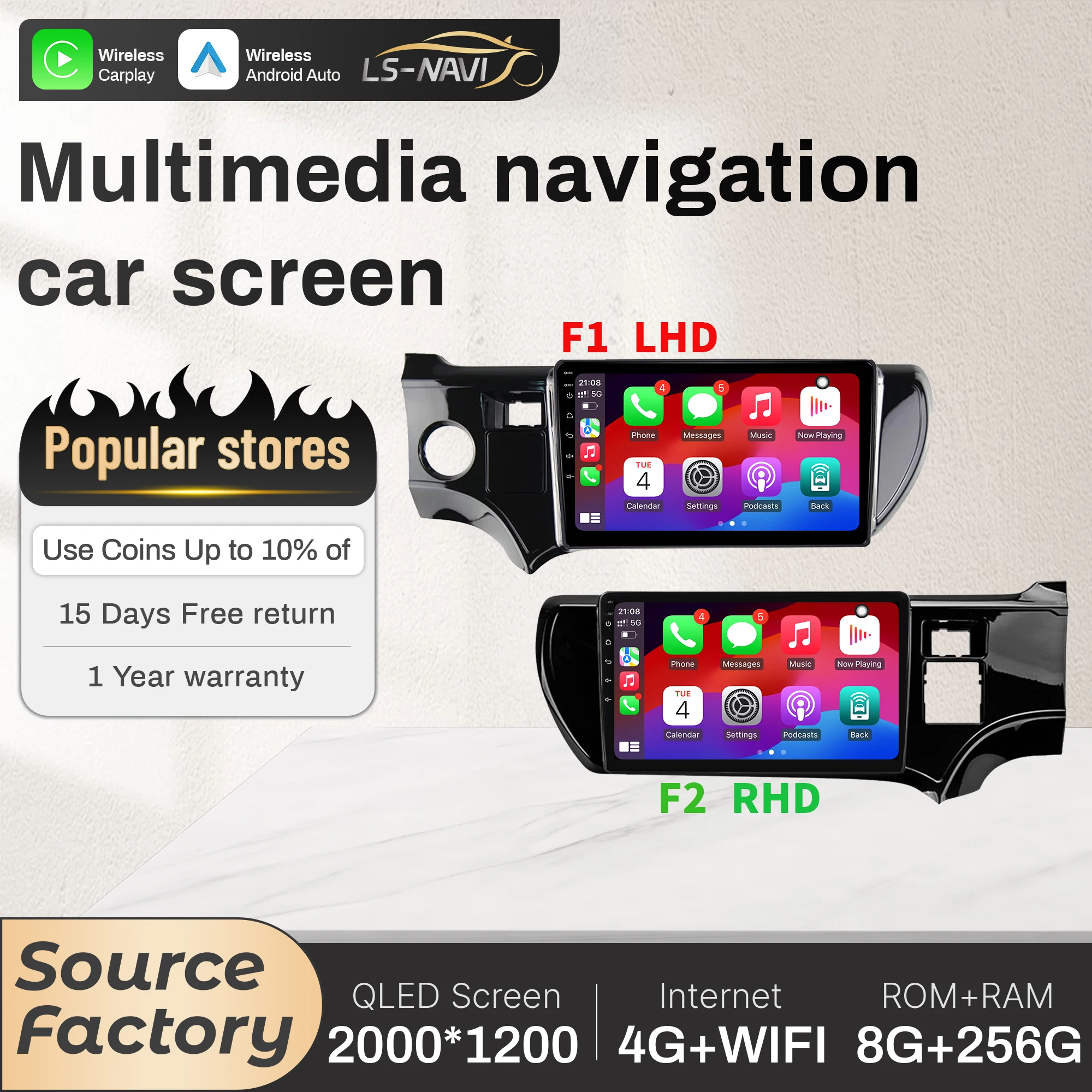 

10-дюймовый автомобильный радиоприемник для Toyota Aqua 2011-2017 Android 14 4G, беспроводной Bluetooth CarPlay, головное устройство, экран