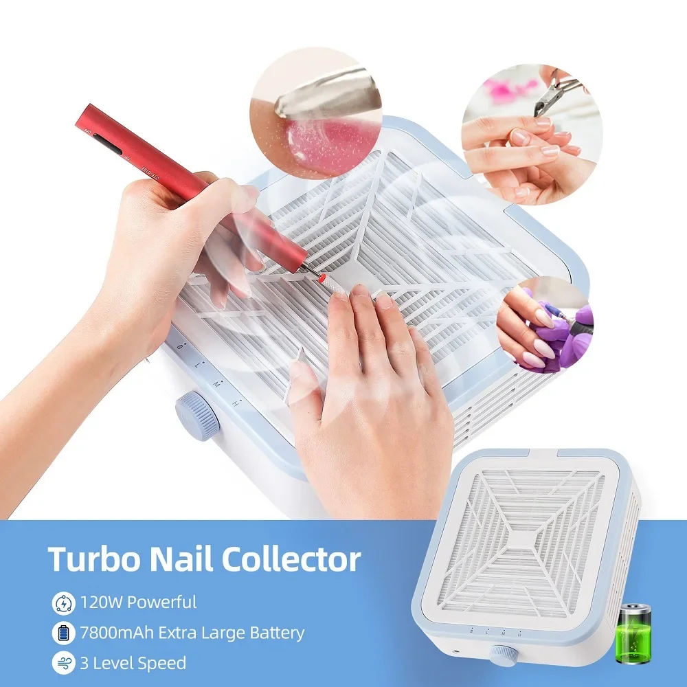 Rechargeable Nail Dust Collector 120W Super Suction Turbo Brushless Nail Vacuum Cleaner Manicure Salon Equipment With 2 Filters