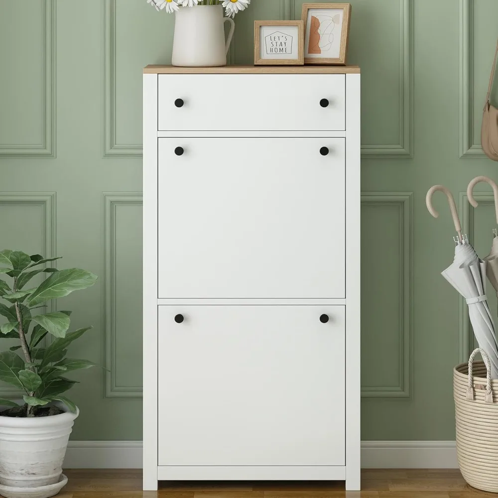 White Shoe Cabinet for Entryway, Slim Shoe Storage Cabinet, Shoe Storage Cabinet with 2 Flip Drawers