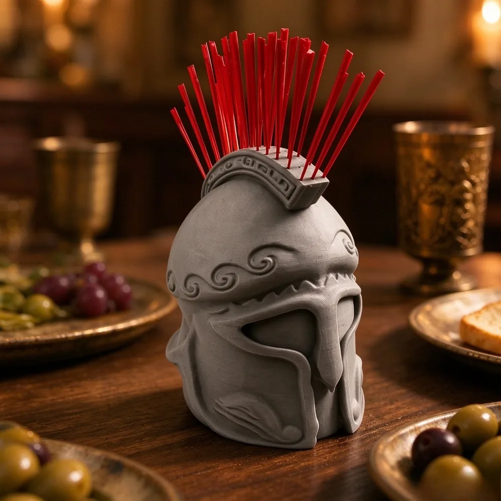Spartan Helmet Toothpick Holder 3D Printed Greek Warrior Helmet Decorative Toothpick Dispenser Tabletop Dining Room Ornament