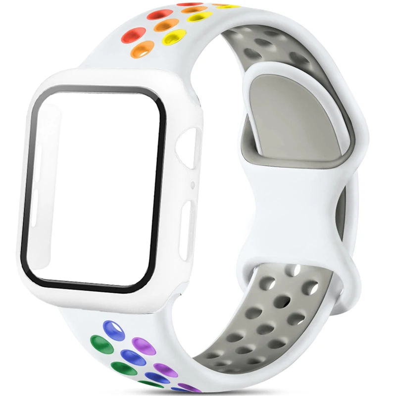 

Glass+Case+Strap For Apple Watch band 44mm 40mm 45mm 41mm 38mm 42mm sport Silicone watchband bracelet iWatch serie 3 4 5 6 se 7