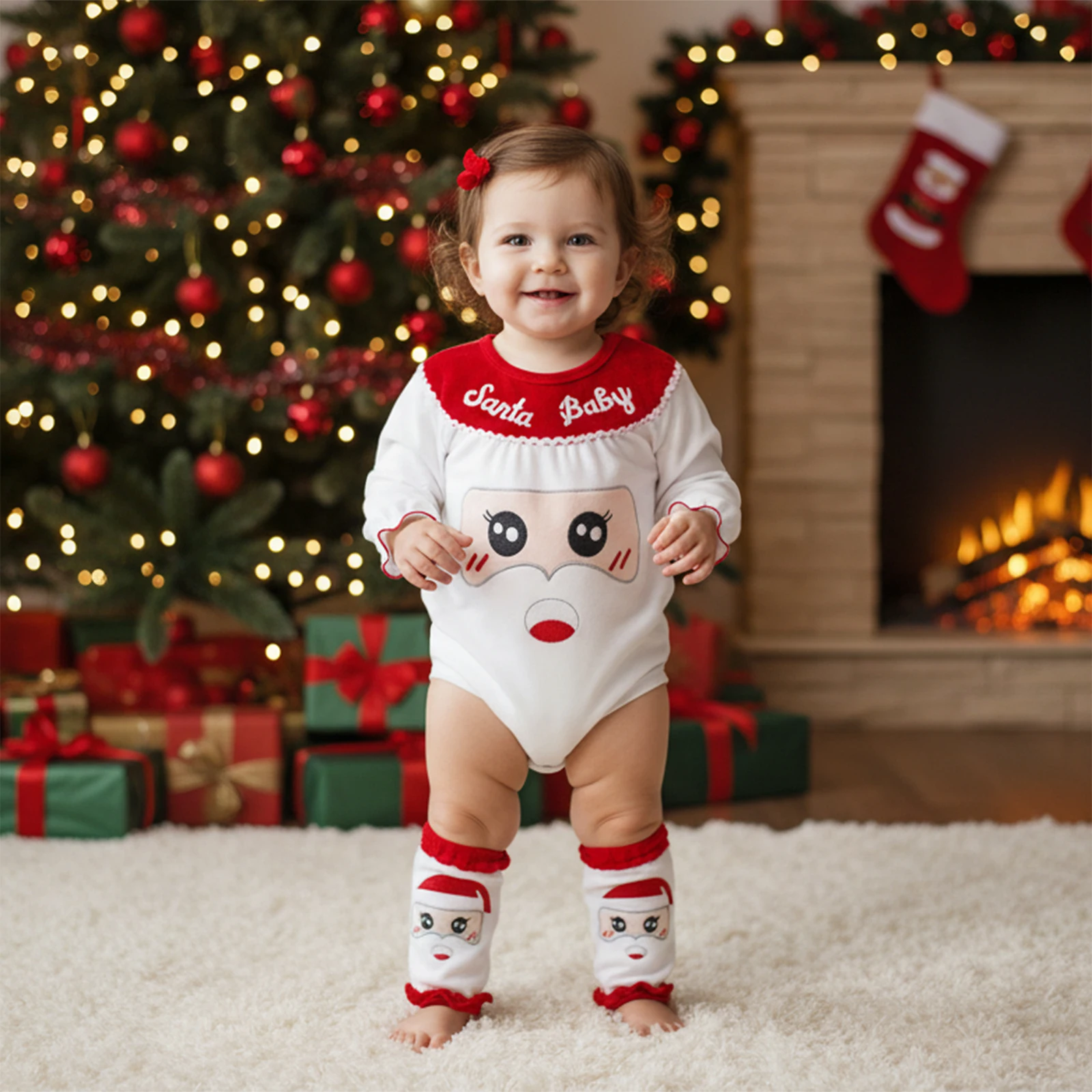 

Baby Xmas Clothing Christmas Outfit Loose Fit Embroidered Crew Neck Long Sleeve Romper and Leg Warmers 2 Pcs Set