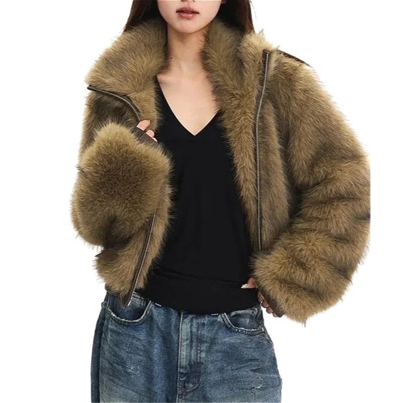 

2026 Short Coat Women Faux Fur Coats Jackets Turn Down Collar Zipper Thick Y2k Streetwear Jacket Elegant Outerwear Autumn Winter