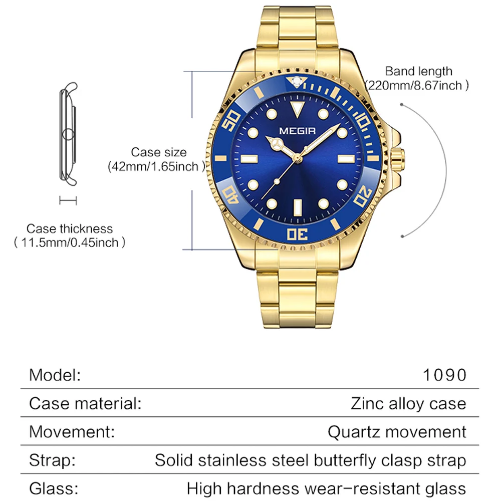 MEGIR ساعة كوارتز رجال العلامة التجارية الفاخرة الفولاذ المقاوم للصدأ تاريخ الساعات مقاوم للماء مضيئة رجل الأعمال ساعات المعصم ساعة Reloj