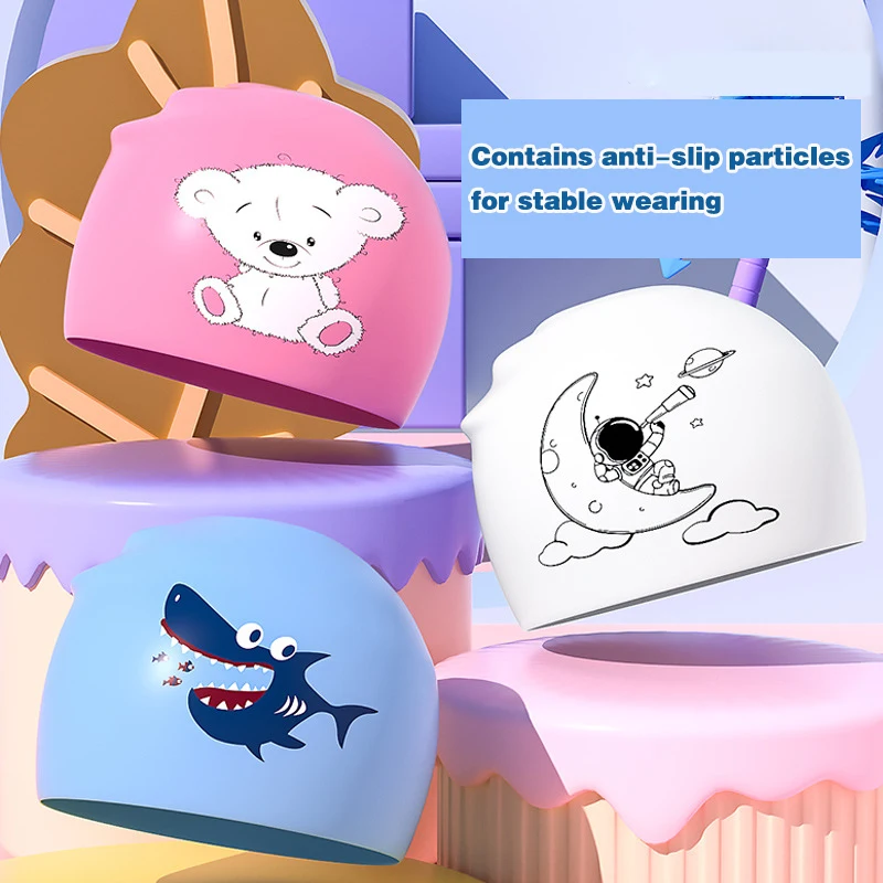 قبعة سباحة من السيليكون بطباعة كرتونية للأطفال ، حماية أذن مضادة للماء ، مطلية ، للأولاد والبنات