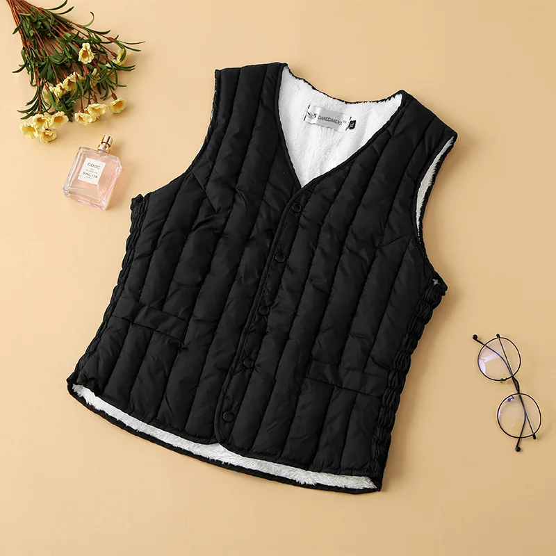 Herfst En Winter Effen Kleur Mode Fleece Warm Vest Dames Single Breasted V-Hals Mouwloze Jas